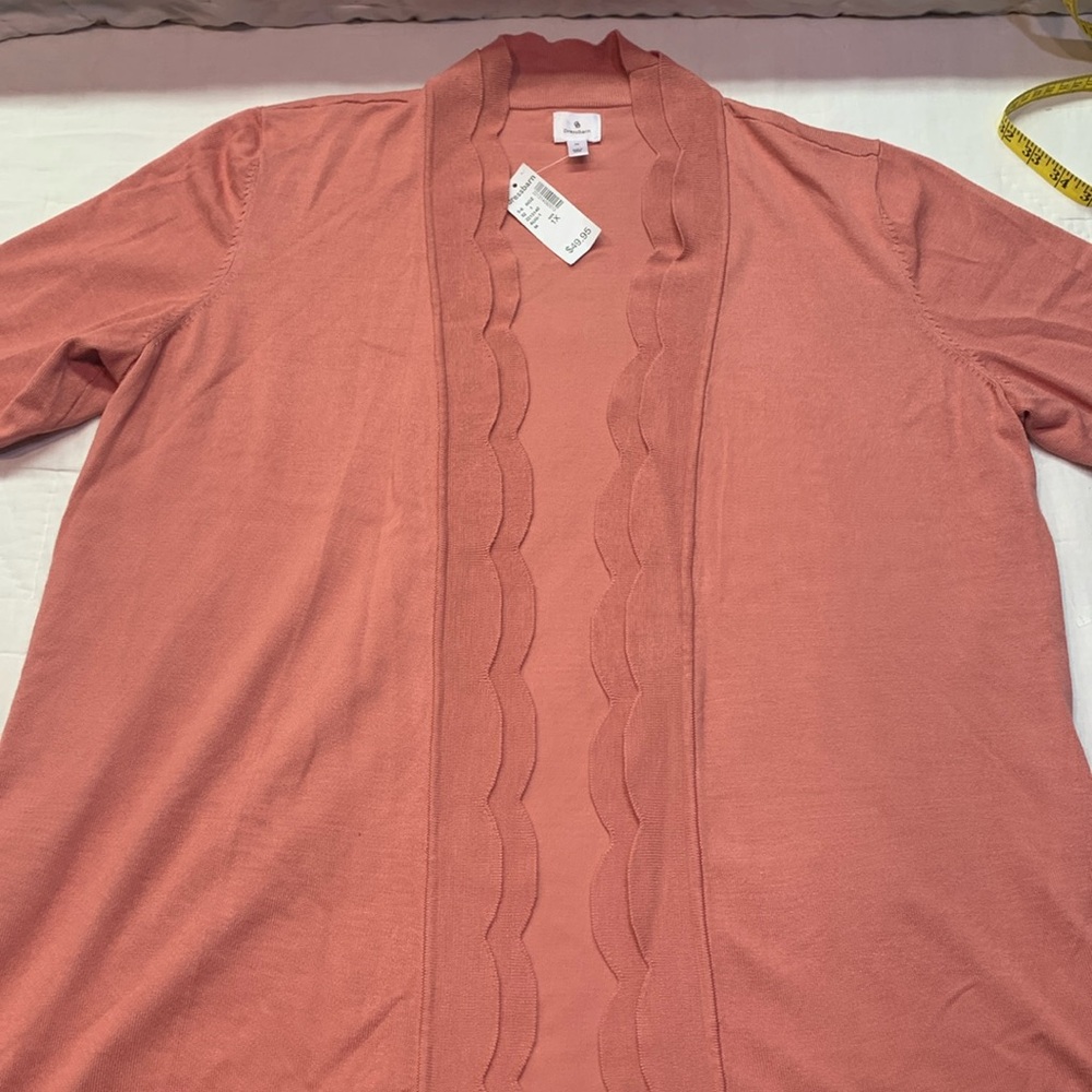 Dress Barn Plus Size 1X Coral Pink Scalloped Open-Front Cardigan NWT Cottagecore